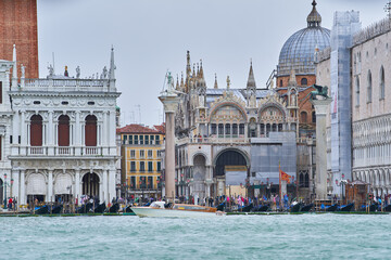 Large group of tourists near St Mark's Basilica (Italian: San Marco Basilica). Venice - 5 May, 2019