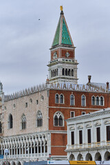 Fototapeta na wymiar Tower of San Giorgio Maggiore, a 16th-century Benedictine church in center of Venezia. Venice - 5 May, 2019