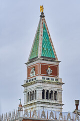 Green tower of San Giorgio Maggiore, a 16th-century Benedictine church in center of Venezia. Venice - 5 May, 2019