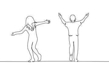 young couple: woman and man running in excitement waving their arms - one line art vector. concept joy of youth, happiness, freedom, love of freedom, rebellious spirit, lovers