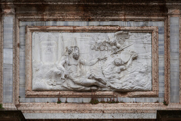 Sculpture of Jupiter receiving a scepter from eagle as an allegory of Crete on Loggetta del Sansovino building. Venice - 5 May, 2019