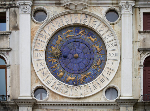 Horoscope on the clock face of St Mark's Clocktower (Italian: Torre dell'Orologio) in close up. Venice - 5 May, 2019