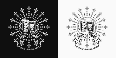 Carnival circular Mardi Gras label with full frothy glass of beer, Fleur de Lis, beads, ribbon, text. For prints, clothing, t shirt, surface design. Vintage monochrome illustration. Not AI