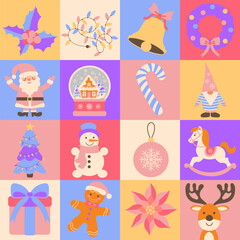 Christmas icons elements with geometric pattern. Vector flat design for poster, card, wallpaper, poster, banner, packaging. Pastel pink colour