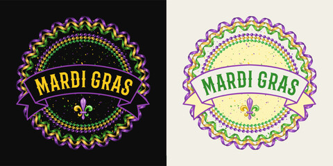 Circular label with strings of beads, party streamer, fleur de lis sign, ribbon with text. Vintage illustration for Mardi Gras carnival. For prints, clothing, t shirt, holiday goods, stuff design. © OA_Creation