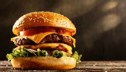 Closeup of a big burger with meat, cheese, salad and tomatoes on an old wooden table with copy...