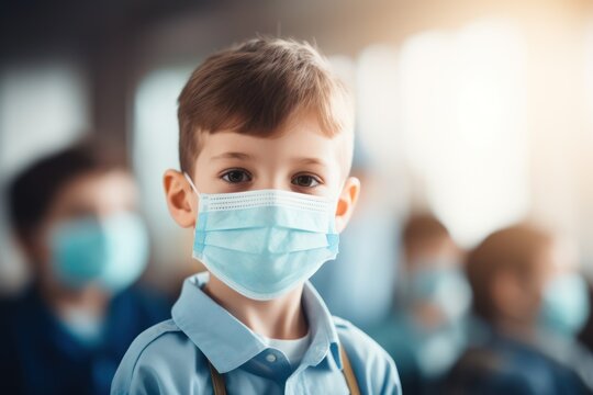 Children in their school classroom wearing masks during the covid pandemic