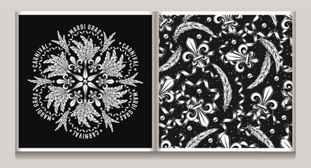 Black and white set of circular ornament, seamless pattern for Mardi Gras carnival decoration. Fleur de lis, feathers, beads on black background. For prints, clothing, t shirt, holiday goods, stuff