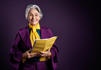 Old lady lawyer holding documents. Work experience. Judge in court