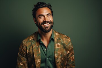 Portrait of a handsome smiling, happy and pleased man with positive vibes. Human person dressed in fashionable, colorful and fun clothes. Generative AI, AI