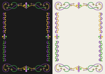 Vintage vertical rectangular frame made of spiral party streamers, ribbons, strings of beads, golden stars, Fleur de Lis sign. For Mardi Gras holiday decoration. Template for menu, poster, invitation