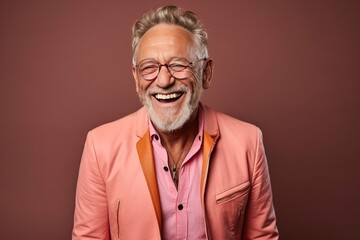Obraz premium Portrait of a handsome smiling, happy and pleased man with positive vibes. Human person dressed in fashionable, colorful and fun clothes. Generative AI, AI