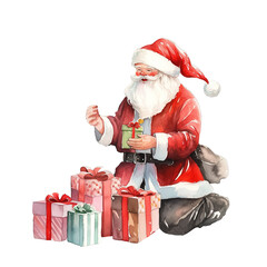 Watercolor Funny Santa Claus sitting and puts gifts box - 682166408
