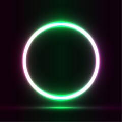 Neon light effect of a round glowing frame on a dark background with space for text. Vector.