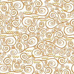 Fancy seamless pattern, bright brown spirals swirled, gold painted by hand. - 682166448