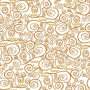 Fancy seamless pattern, bright brown spirals swirled, gold painted by hand.