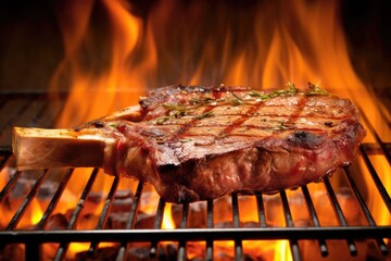 t-bone steak flaming on a barbecue grill