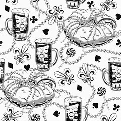 Seamless Mardi Gras pattern with king cake, full glass of beer, string of beads, trinket, Fleur de Lis, card suit signs. Festive holiday design. Vintage illustration for prints, clothing. Not AI