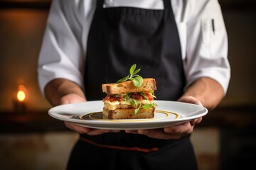 chef presenting toasted sandwich on an artistic plate