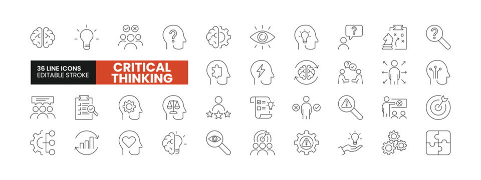 Set of 36 Critical Thinking line icons set. Critical Thinking outline icons with editable stroke collection. Includes Analysis, Problem, Communication, Solution, Brainstorming, and More.
