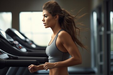 Fototapeta na wymiar Beautiful Woman Running On Treadmill At The Gym. Сoncept Fitness Goals, Cardio Workout, Gym Life, Active Lifestyle, Women's Fitness