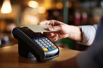 Customer Using Credit Card At Pay Terminal For Payment - obrazy, fototapety, plakaty