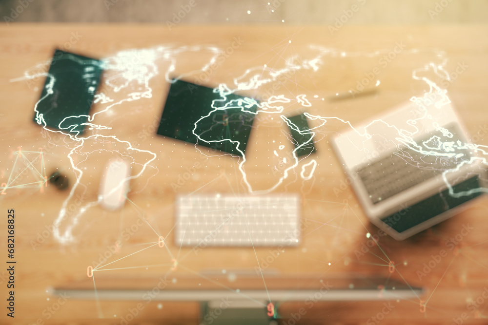 Poster multi exposure of abstract graphic world map on modern computer background, big data and networking 