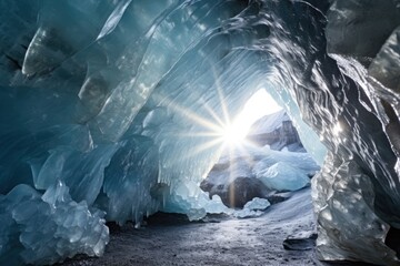 light shining through a glaciers ice cave