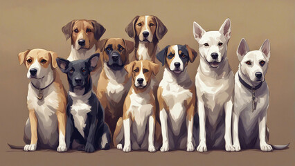 Watercolor art of a group of dogs.