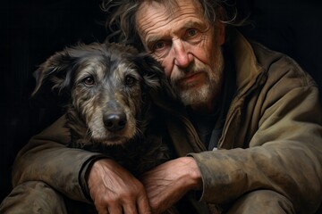 Senior man embraces his old dog, love and trust, loyalty, true friendship