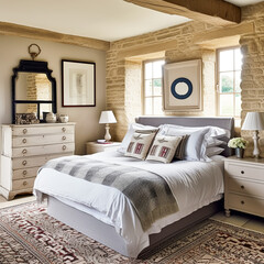 Cottage style bedroom decor, interior design and home decor, bed with elegant bedding and bespoke...