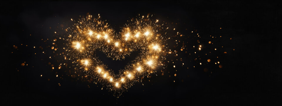 Happy new year 2025, new year's eve, sylvester greeting card - Heart shape made of sparkling sparklers firework pyrotechnics, isolated on dark black night sky texture
