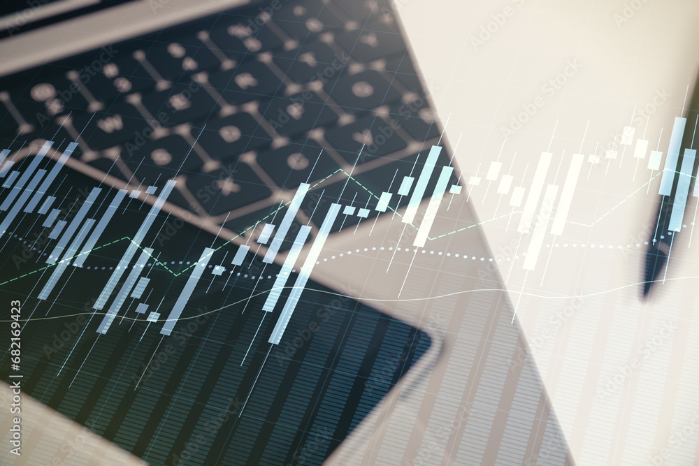 Poster multi exposure of abstract creative financial chart on computer background, research and analytics c