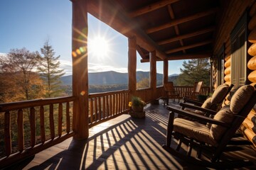 sunny front porch of a mountain log cabin