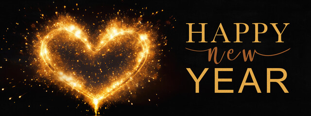 Happy new year 2024, new year's eve, sylvester greeting card with text - Heart shape made of sparkling sparklers firework pyrotechnics, isolated on dark black night sky texture - obrazy, fototapety, plakaty