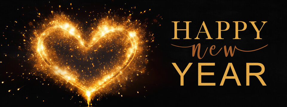 Happy New Year 2024, New Year's Eve, Sylvester Greeting Card With Text - Heart Shape Made Of Sparkling Sparklers Firework Pyrotechnics, Isolated On Dark Black Night Sky Texture