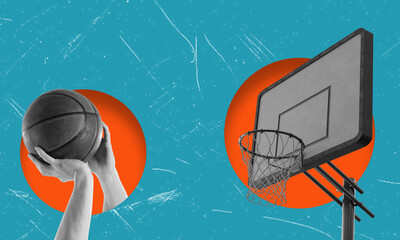Modern art collage depicting a man's hand with a basketball into a basket on a blue background. Online game concept. - obrazy, fototapety, plakaty