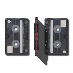 Compact music cassette tape with stickers in vintage retro Y2K 80’s, 90’s style, isolated and...