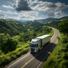 White truck driving on the way in the countryside - obrazy, fototapety, plakaty