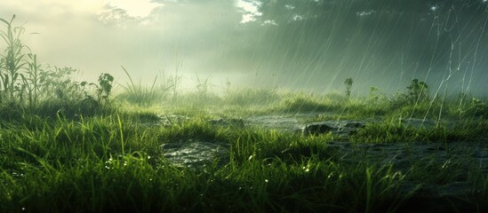 morning fog, the grass park glistened with dewdrops, blending seamlessly with the white silk-like...