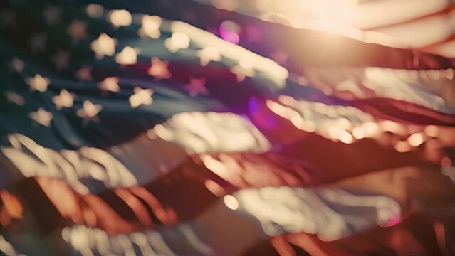 United States of America flag waving with sunlight. Blurred motion. Slow motion of a US American flag. Background for Memorial Day, Veteran's Day, 4th of July, or other patriotic USA holiday. Slow mot