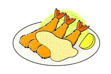 エビフライのイラスト　お皿に盛りタルタルソースをかけたイラスト