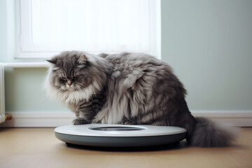 Fat Cat Standing On Scales In Bright Room. Сoncept Weight Loss Goals, Health And Fitness, Cat Wellness, Funny Animal Photos, Dieting And Exercise
