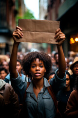 Black woman protesting in a big demonstration holding a blank placard. - obrazy, fototapety, plakaty