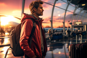 Side view of a young man in an airport with his backpack and suitcase. - obrazy, fototapety, plakaty