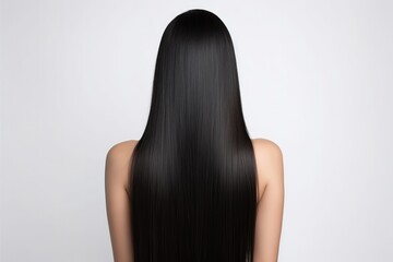 Long Black Straight Hair Rear View On White Background - obrazy, fototapety, plakaty