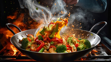 Chef cooking stir fry noodles with vegetables in wok pan on fire - obrazy, fototapety, plakaty