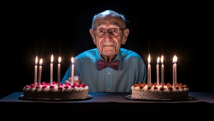 Celebrating a Lifetime of Memories: An Elderly Gentleman Enjoying a Cake with Lit Candles