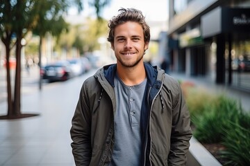 Fototapeta premium Portrait of a handsome smiling, happy and pleased man with positive vibes, human person. Dressed in fashionable, colorful and fun clothes. Generative AI, AI
