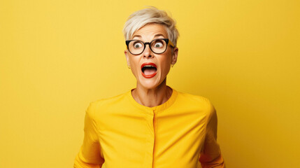 Beautiful blonde woman wearing yellow casual clothes and glasses afraid and shocked with surprise expression, fear and excited face. excited face. - obrazy, fototapety, plakaty